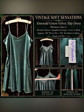 Vintage Soft Sensations Emerald Green Velvet Slip Dress - Women's - L